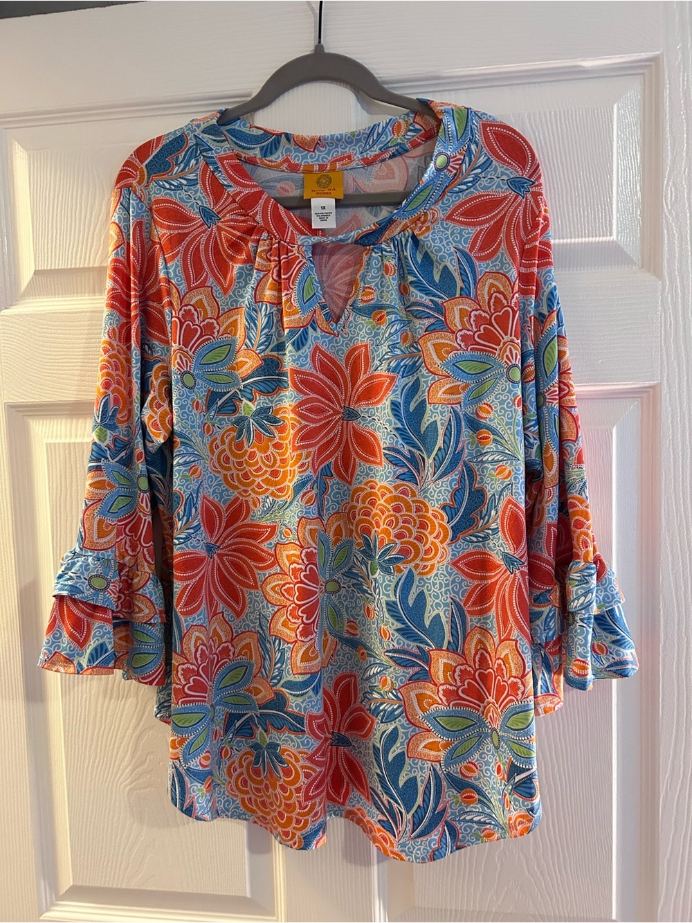 Ruby Rd. Blue and Orange Floral 3/4-Sleeve Blouse